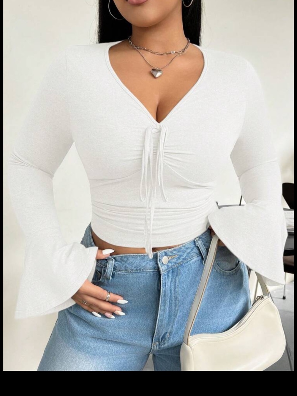Women's White V-Neck Tie Front Bell Sleeve Top